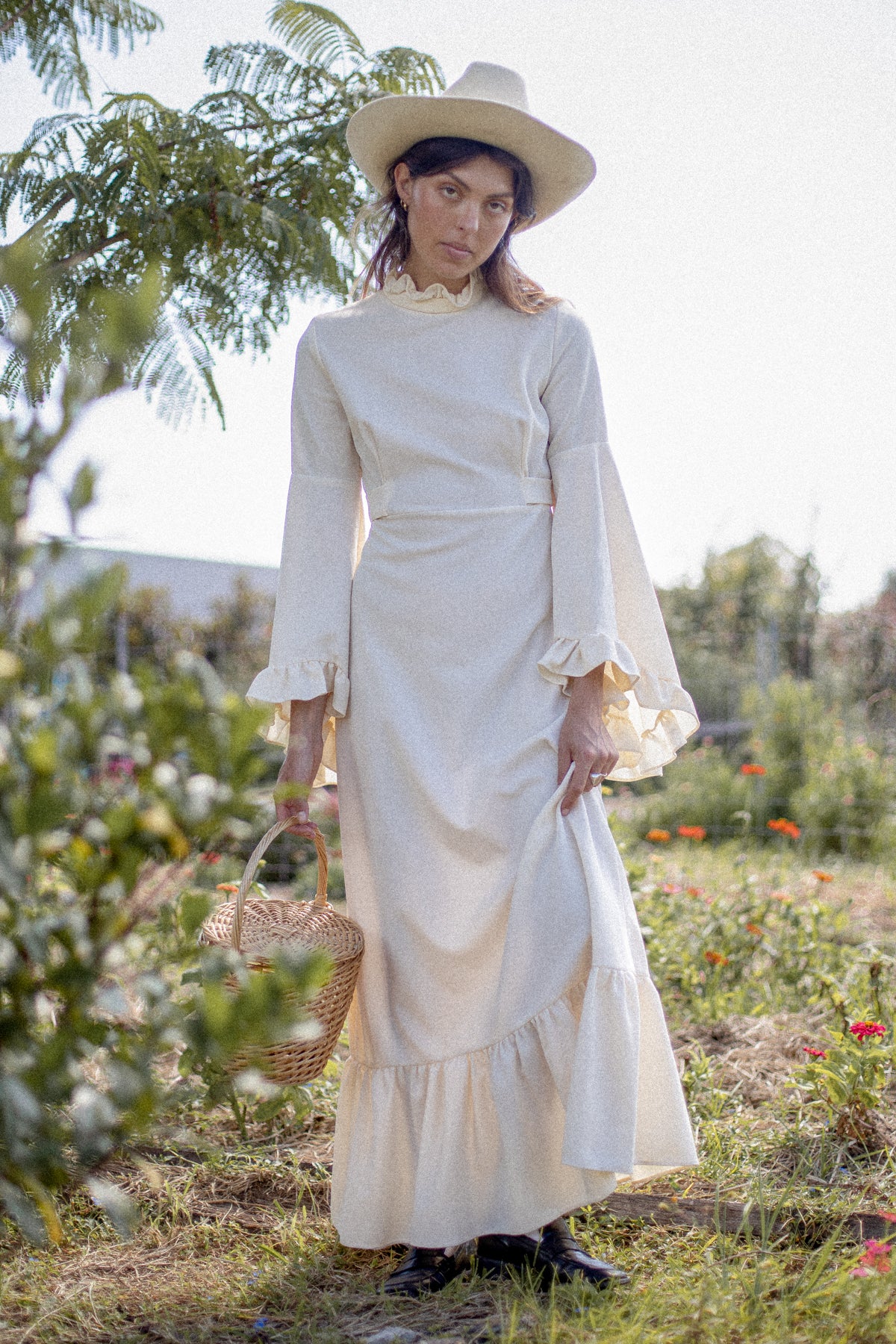 VINTAGE 1960's Ivory Angel Sleeve Maxi Dress S/M