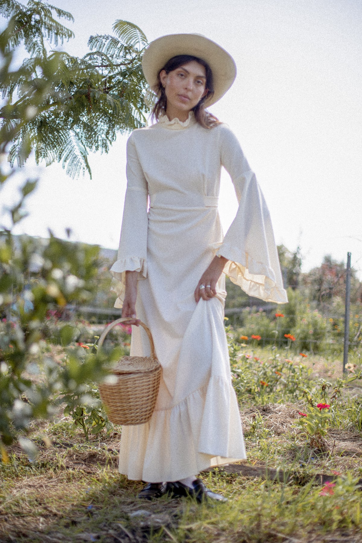 VINTAGE 1960's Ivory Angel Sleeve Maxi Dress S/M