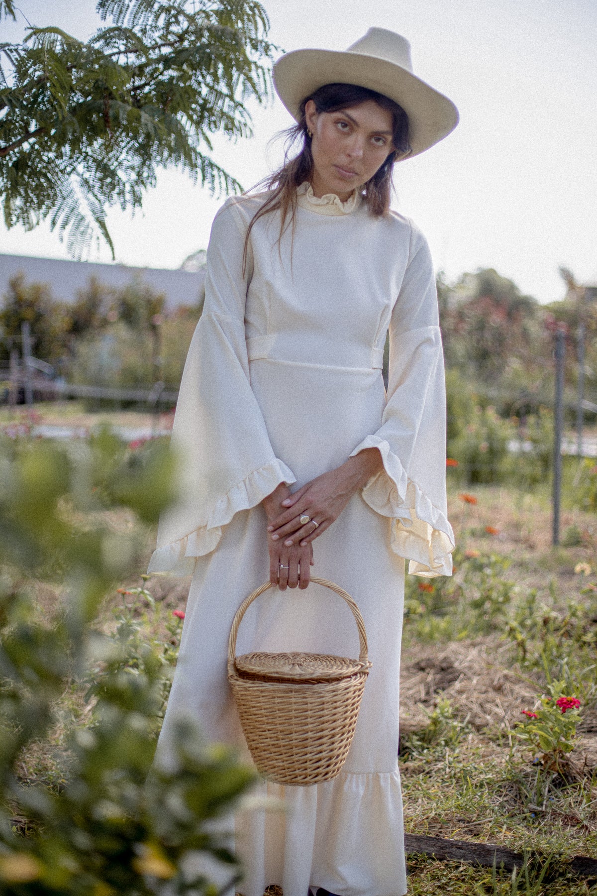 VINTAGE 1960's Ivory Angel Sleeve Maxi Dress S/M