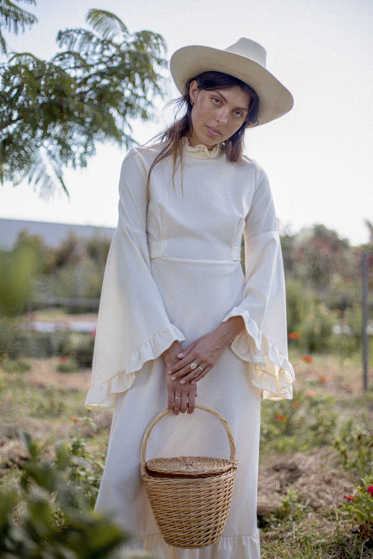 VINTAGE 1960's Ivory Angel Sleeve Maxi Dress S/M