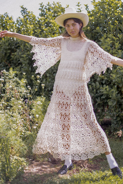 VINTAGE 1970's Beige Crochet Angel Sleeve Maxi Dress S/M/L