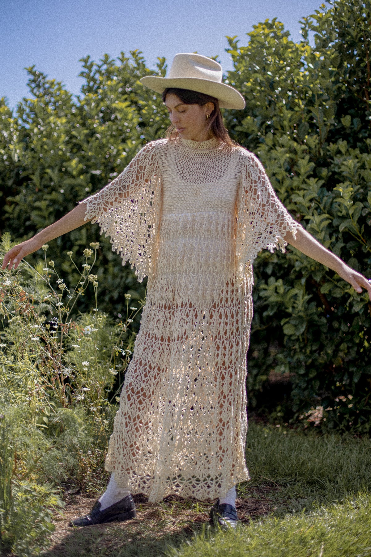 VINTAGE 1970's Beige Crochet Angel Sleeve Maxi Dress S/M/L