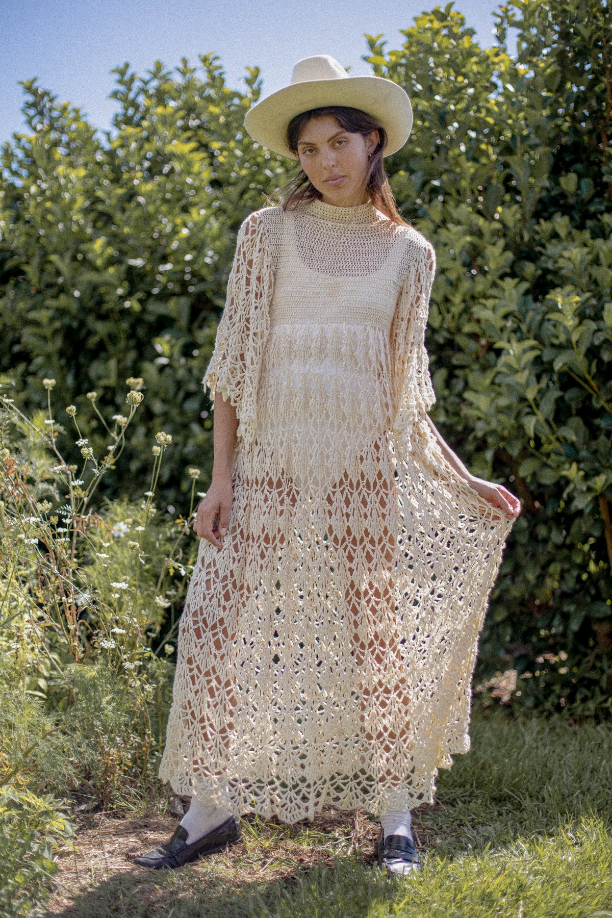 VINTAGE 1970's Beige Crochet Angel Sleeve Maxi Dress S/M/L