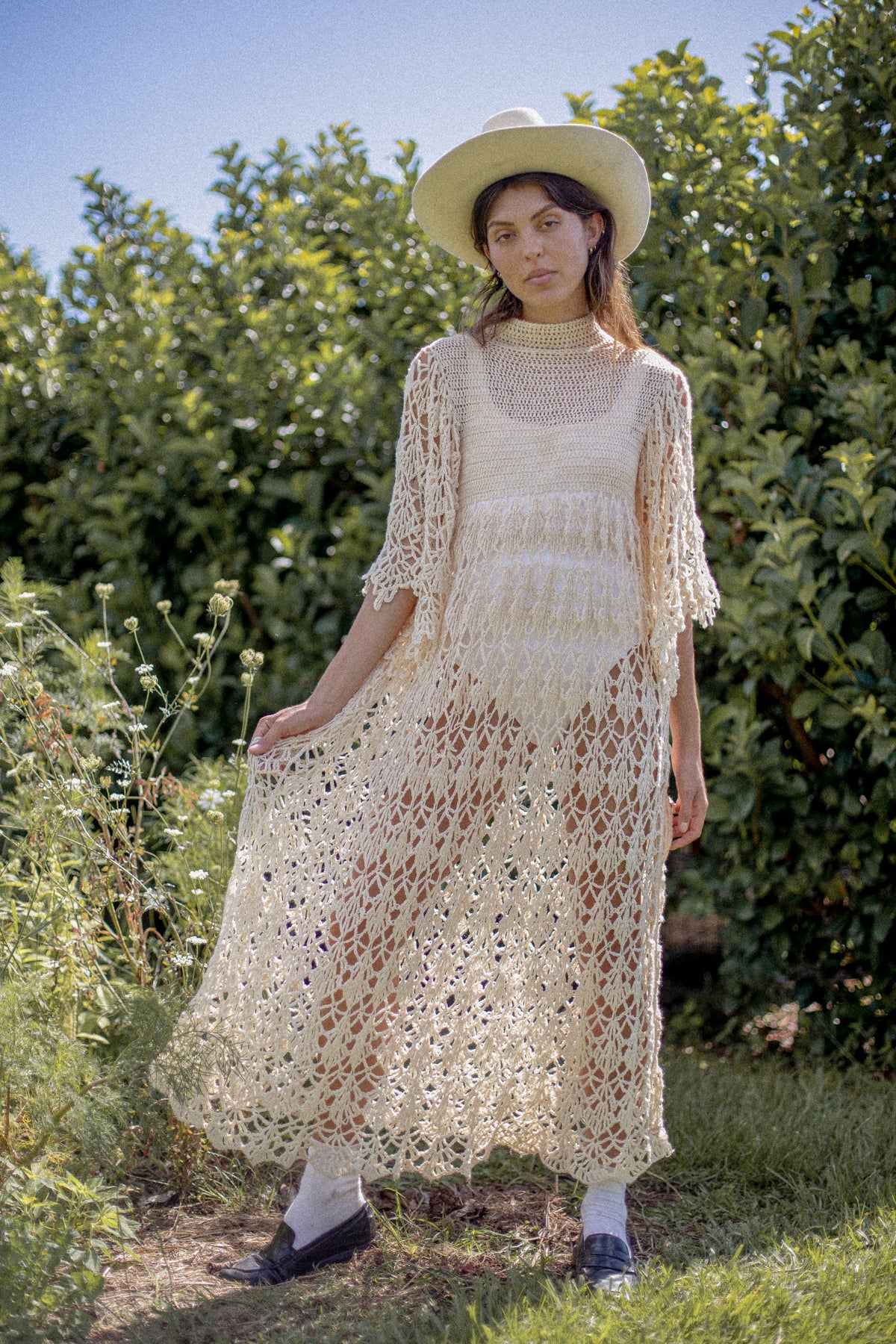 VINTAGE 1970's Beige Crochet Angel Sleeve Maxi Dress S/M/L