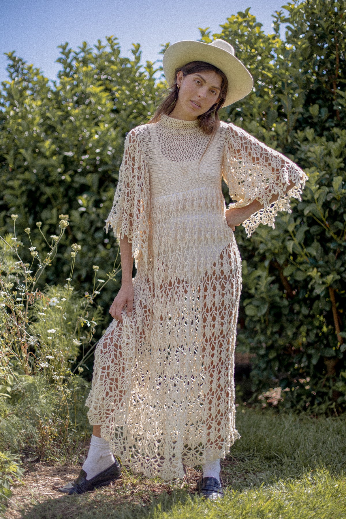 VINTAGE 1970's Beige Crochet Angel Sleeve Maxi Dress S/M/L