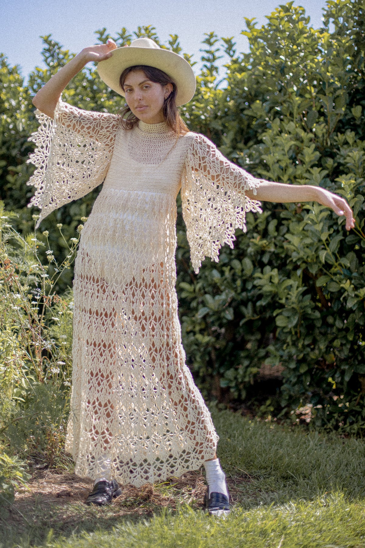 VINTAGE 1970's Beige Crochet Angel Sleeve Maxi Dress S/M/L