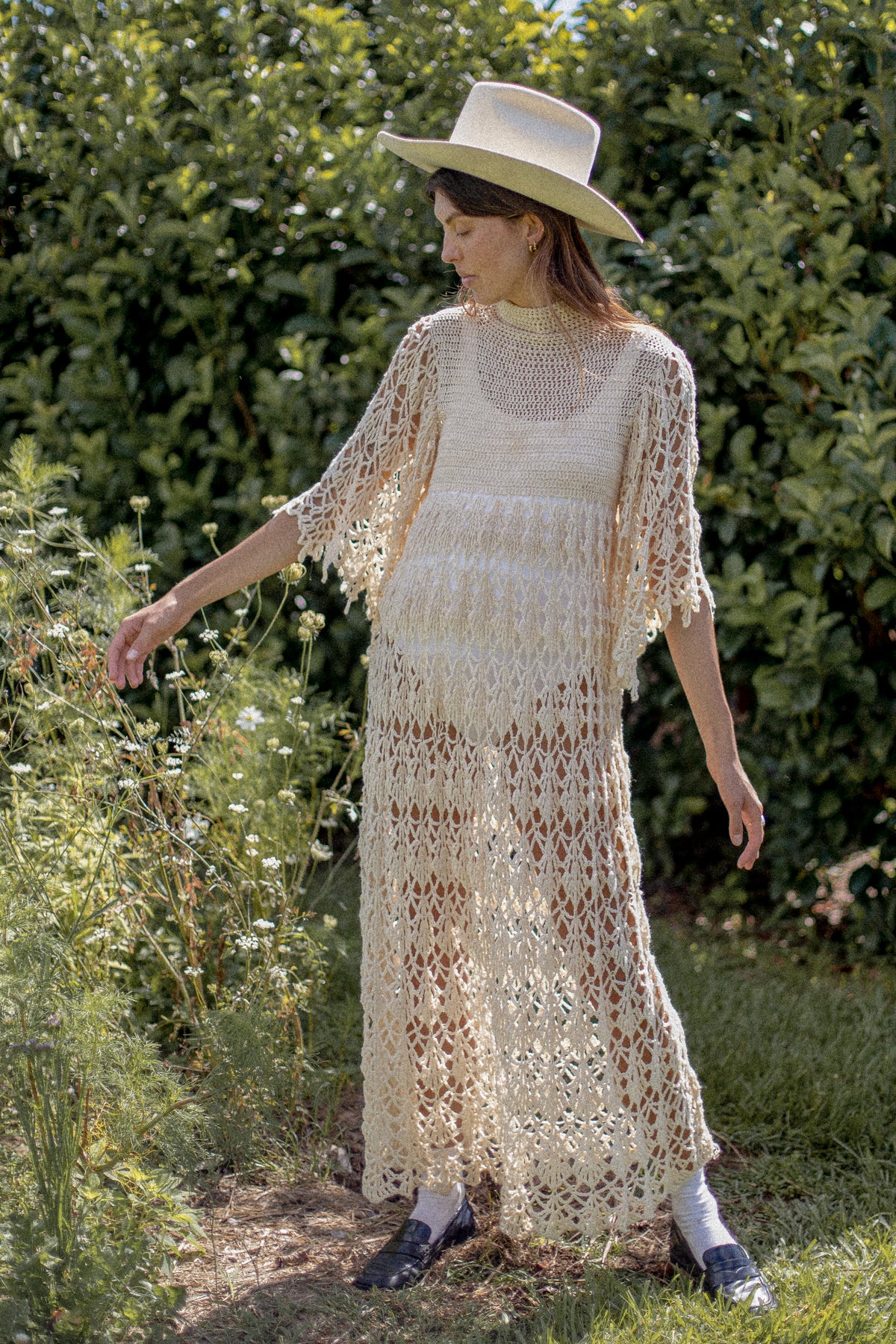 VINTAGE 1970's Beige Crochet Angel Sleeve Maxi Dress S/M/L