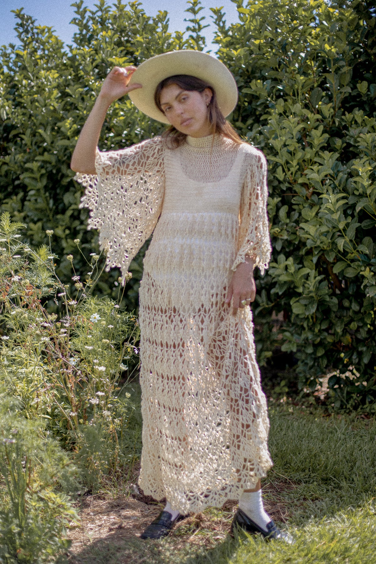 VINTAGE 1970's Beige Crochet Angel Sleeve Maxi Dress S/M/L