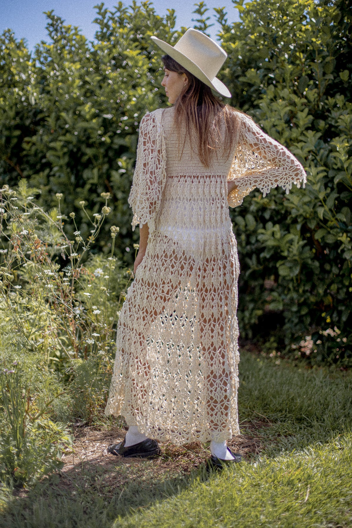 VINTAGE 1970's Beige Crochet Angel Sleeve Maxi Dress S/M/L