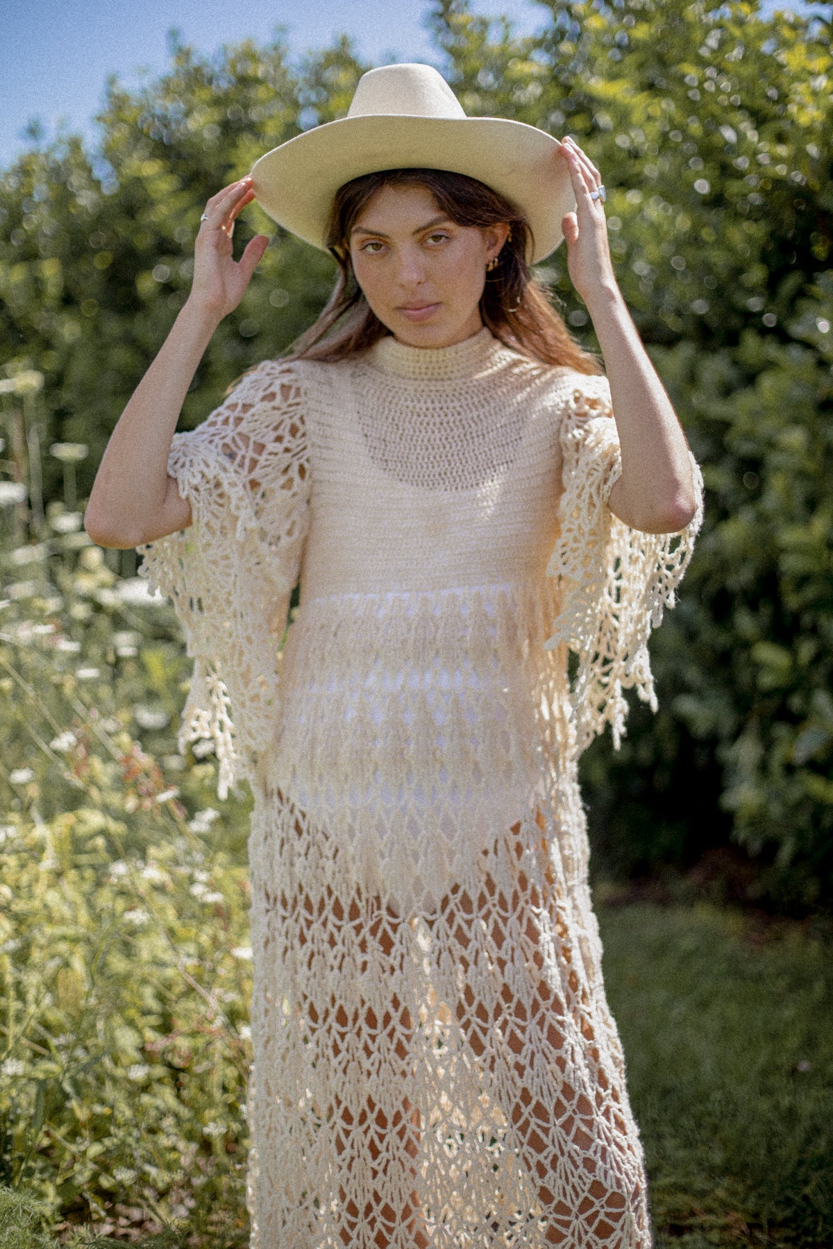 VINTAGE 1970's Beige Crochet Angel Sleeve Maxi Dress S/M/L