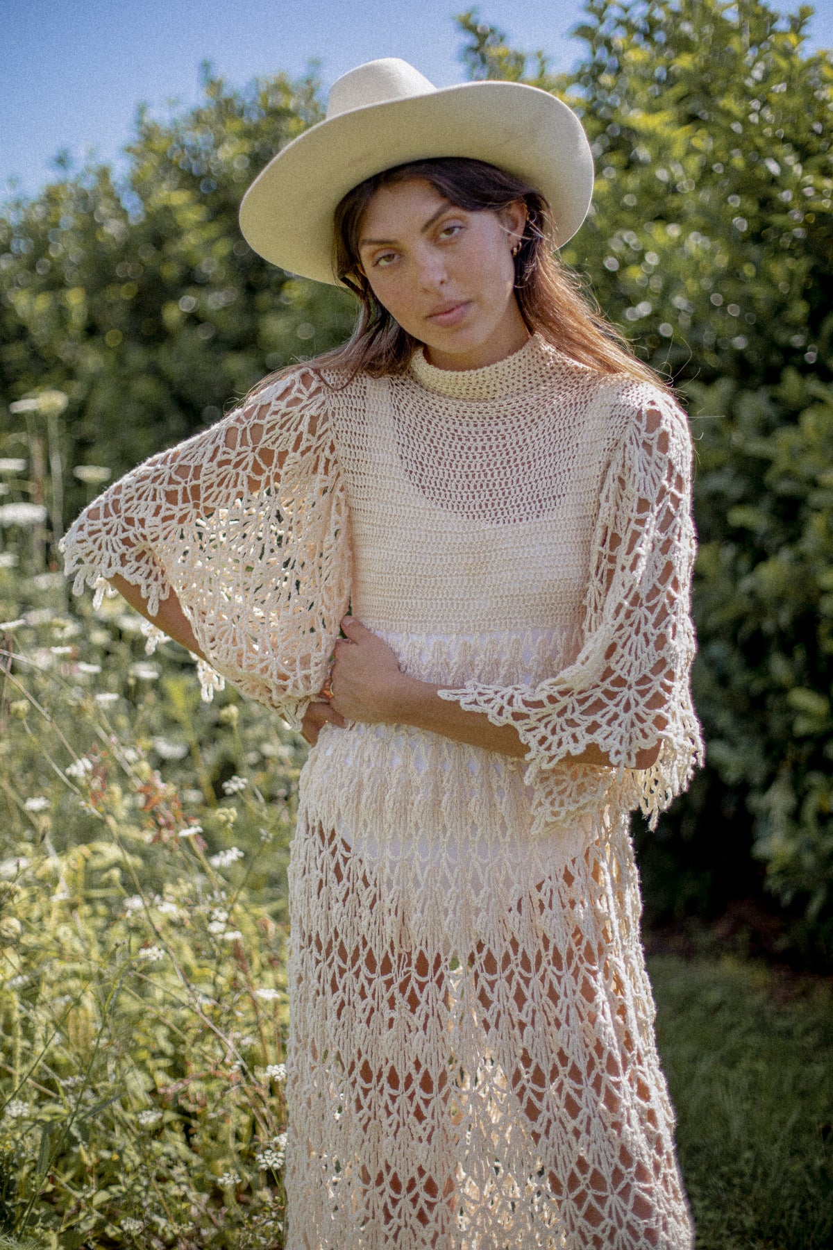 VINTAGE 1970's Beige Crochet Angel Sleeve Maxi Dress S/M/L