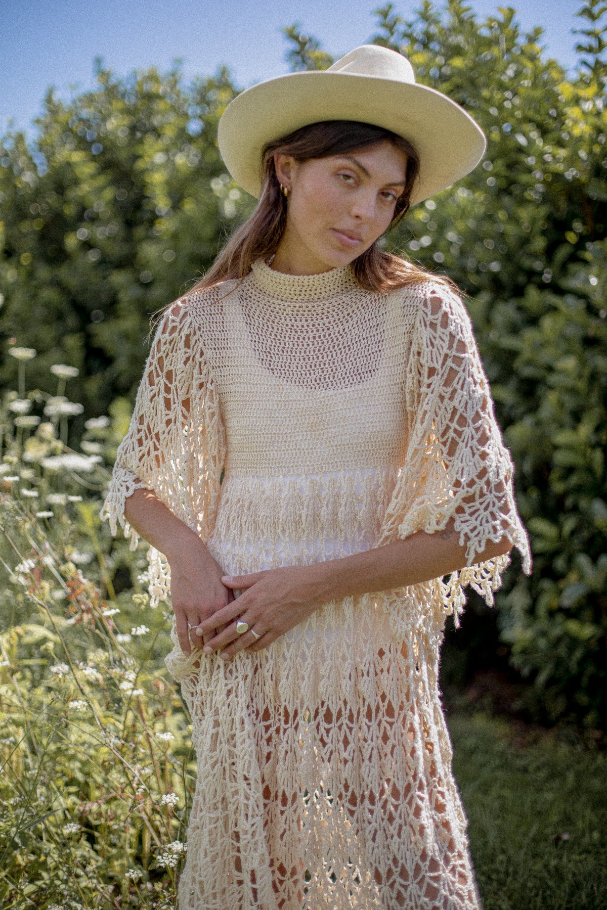 VINTAGE 1970's Beige Crochet Angel Sleeve Maxi Dress S/M/L