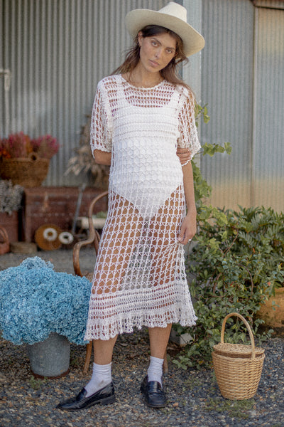 VINTAGE 1970's Ivory Crochet Maxi Dress S/M