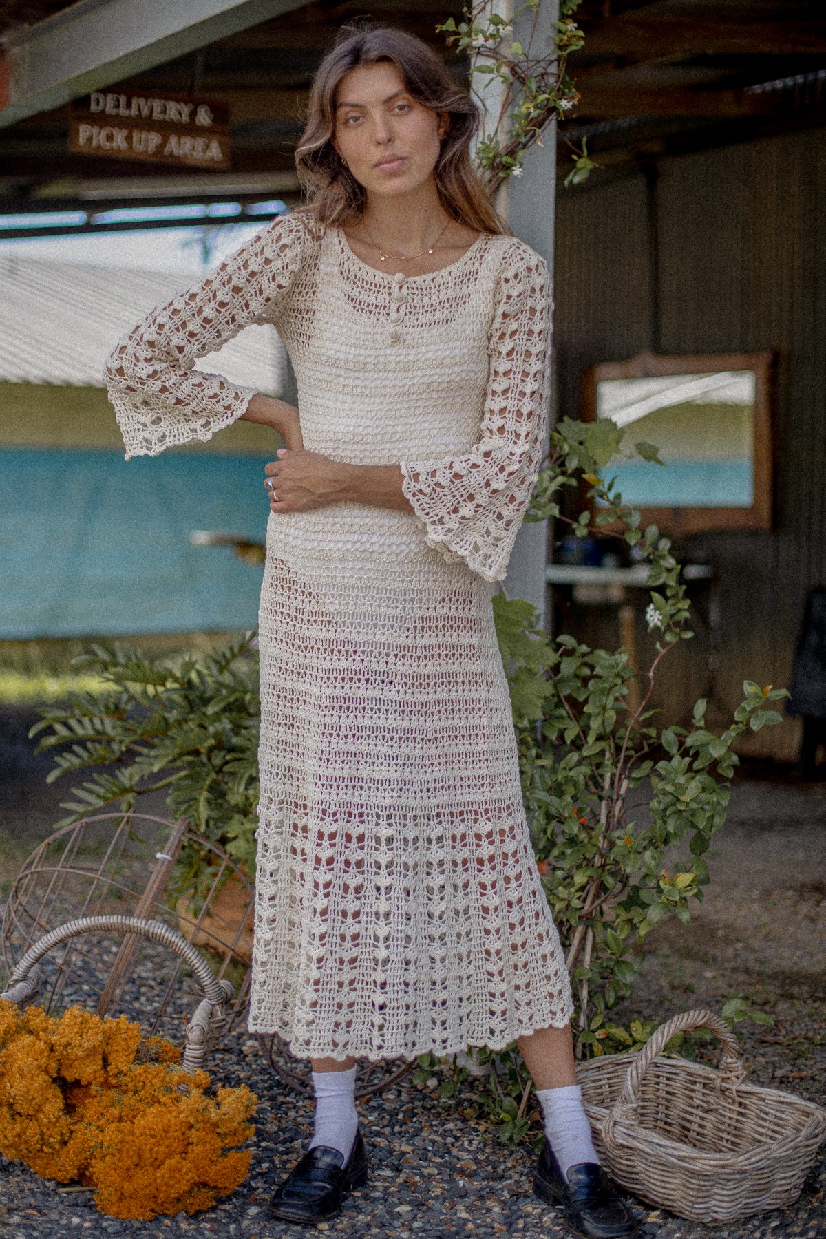 VINTAGE 1970's Beige Crochet Bell Sleeve Maxi Dress S/M