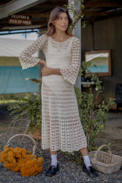 VINTAGE 1970's Beige Crochet Bell Sleeve Maxi Dress S/M