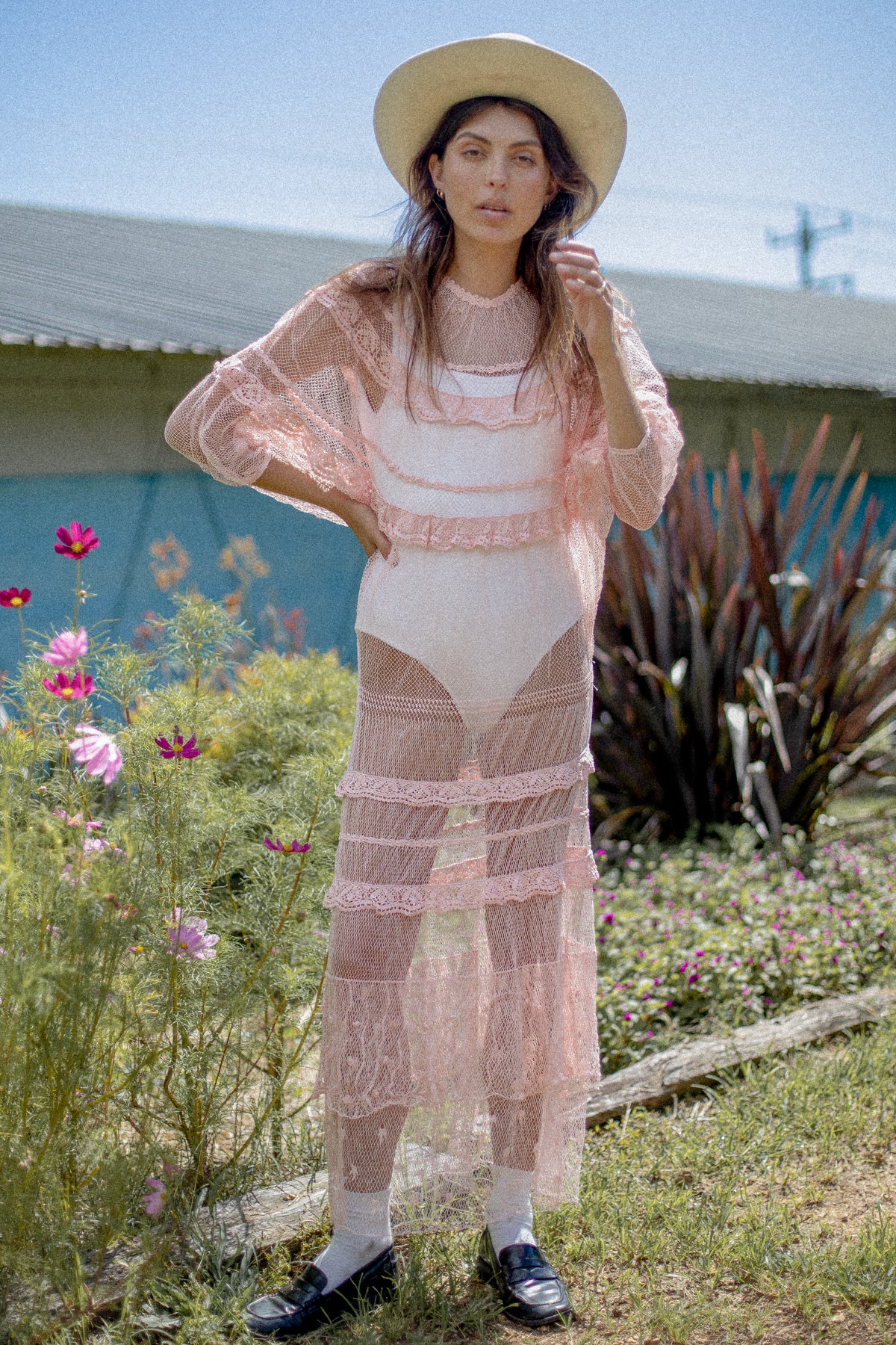 VINTAGE 1970's Deadstock Pink Crochet Netted Maxi Batwing Dress S/M