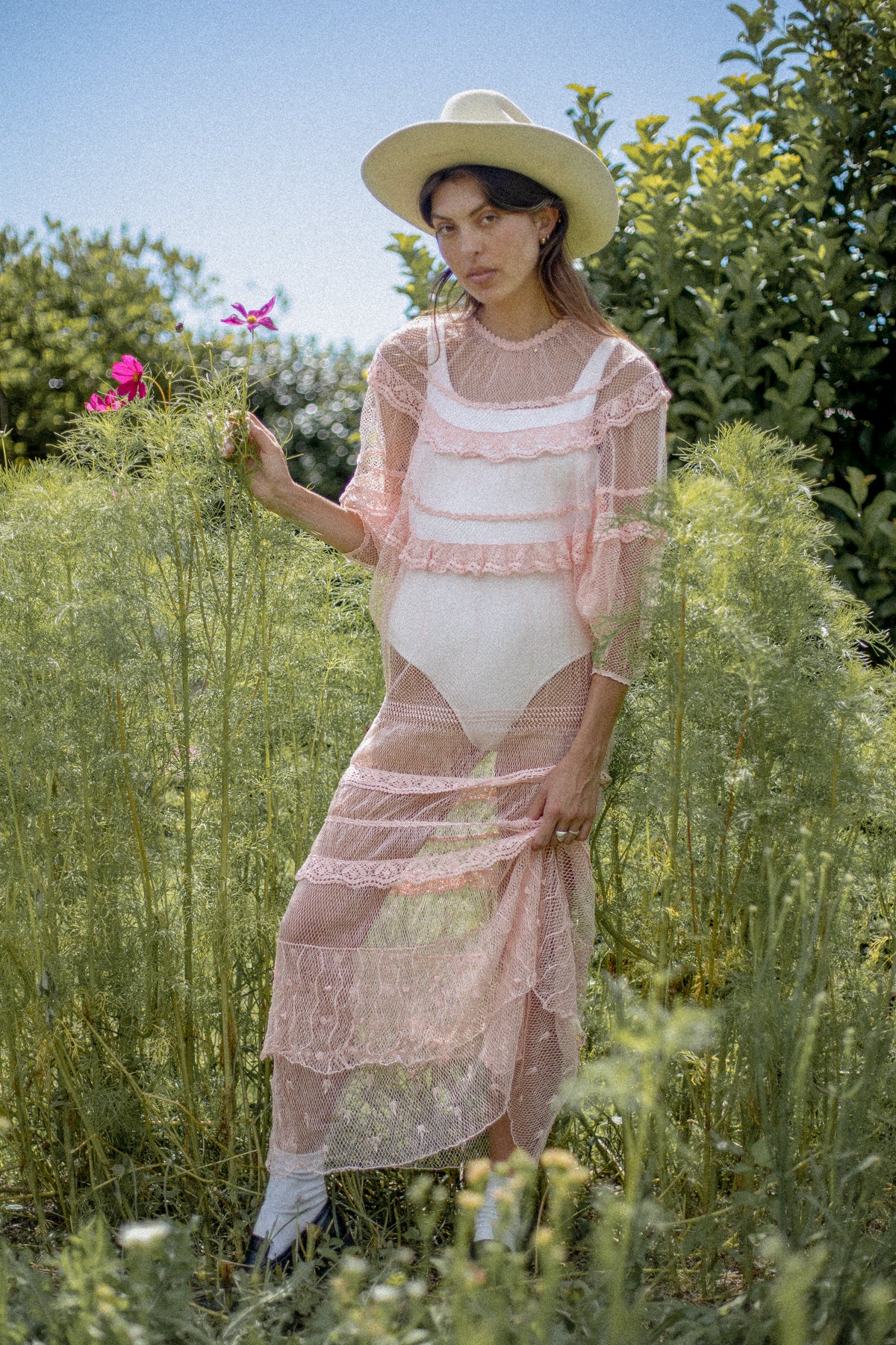 VINTAGE 1970's Deadstock Pink Crochet Netted Maxi Batwing Dress S/M