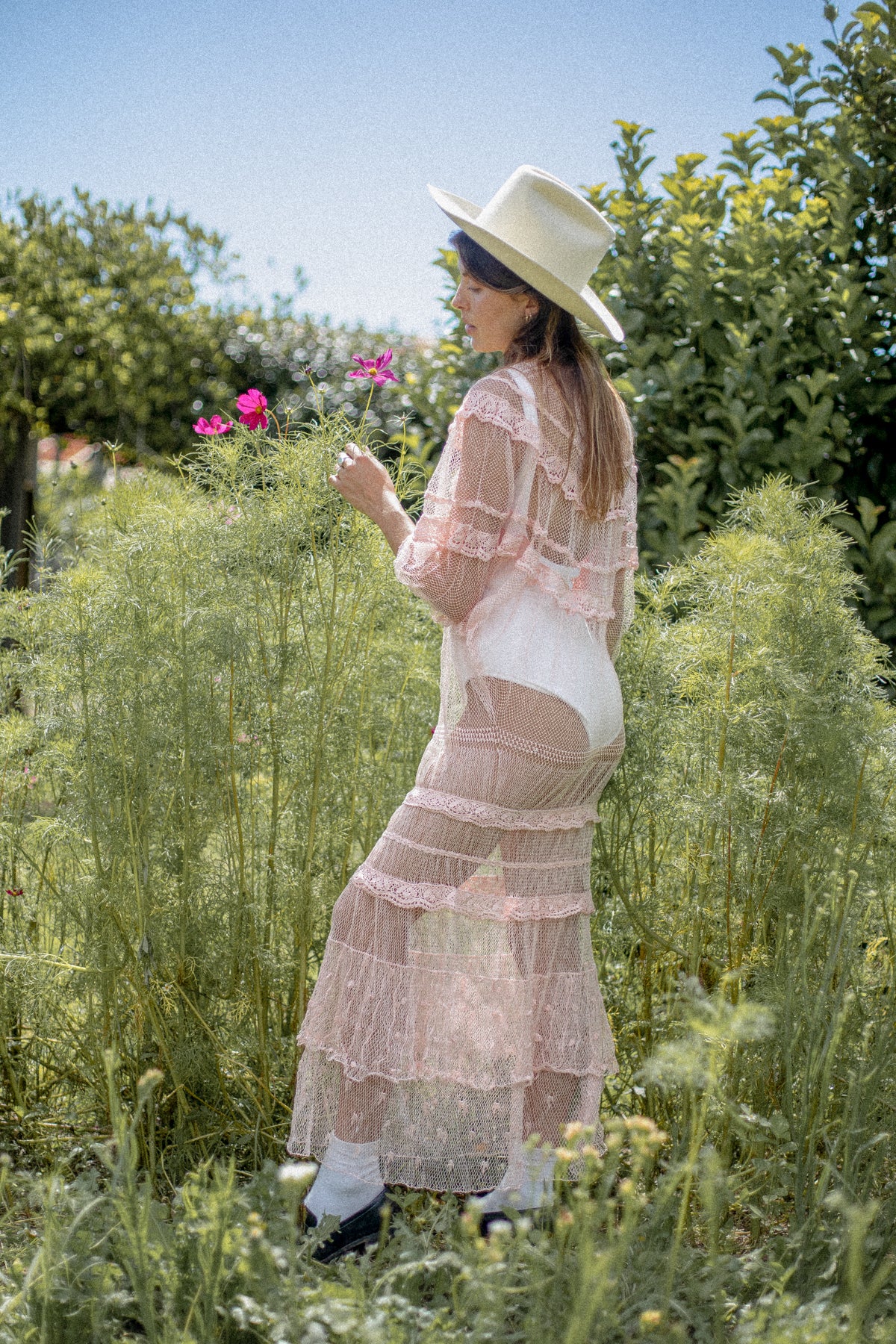 VINTAGE 1970's Deadstock Pink Crochet Netted Maxi Batwing Dress S/M