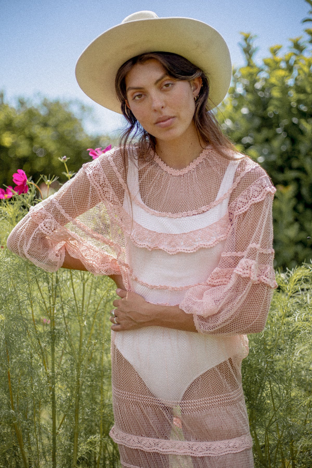 VINTAGE 1970's Deadstock Pink Crochet Netted Maxi Batwing Dress S/M