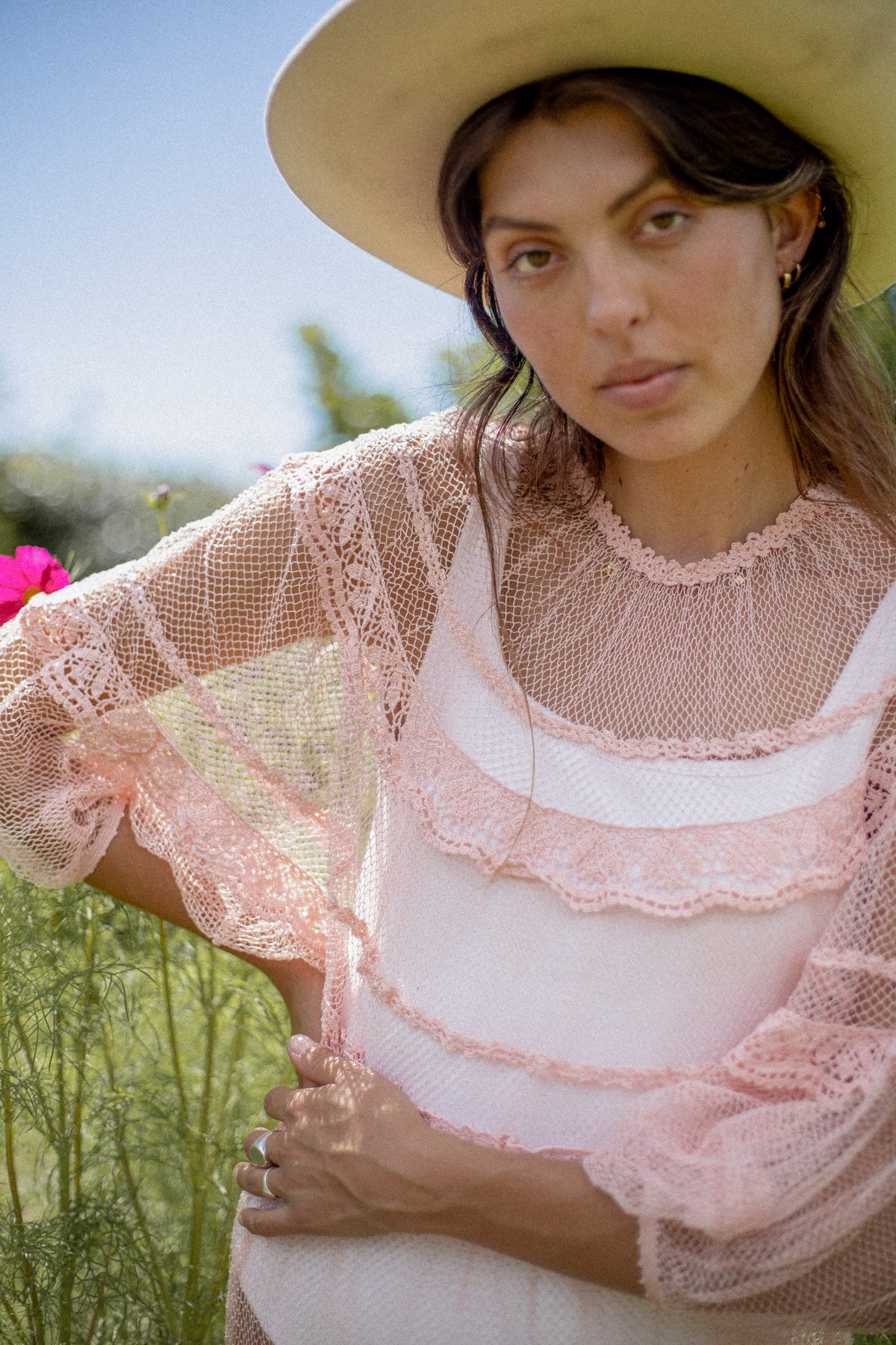 VINTAGE 1970's Deadstock Pink Crochet Netted Maxi Batwing Dress S/M