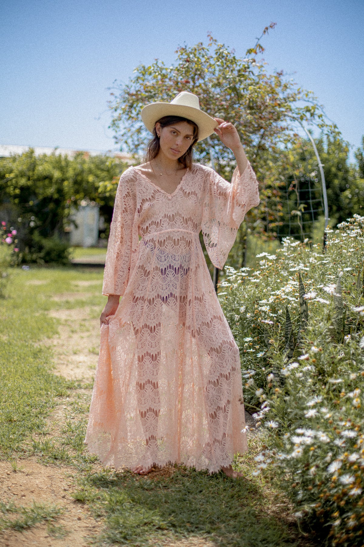 VINTAGE 1970's Reworked Pink Low Back Angel Sleeve Lace Maxi Dress S/M