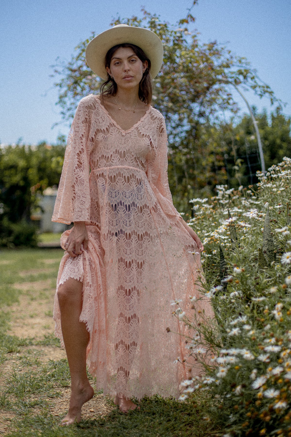 VINTAGE 1970's Reworked Pink Low Back Angel Sleeve Lace Maxi Dress S/M