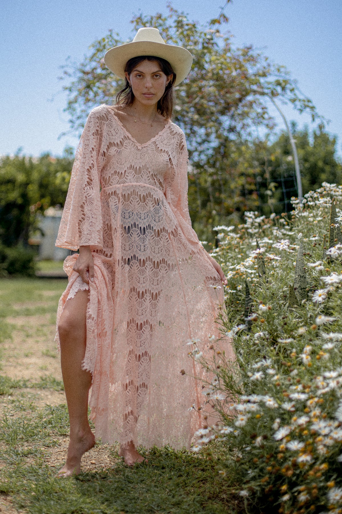 VINTAGE 1970's Reworked Pink Low Back Angel Sleeve Lace Maxi Dress S/M