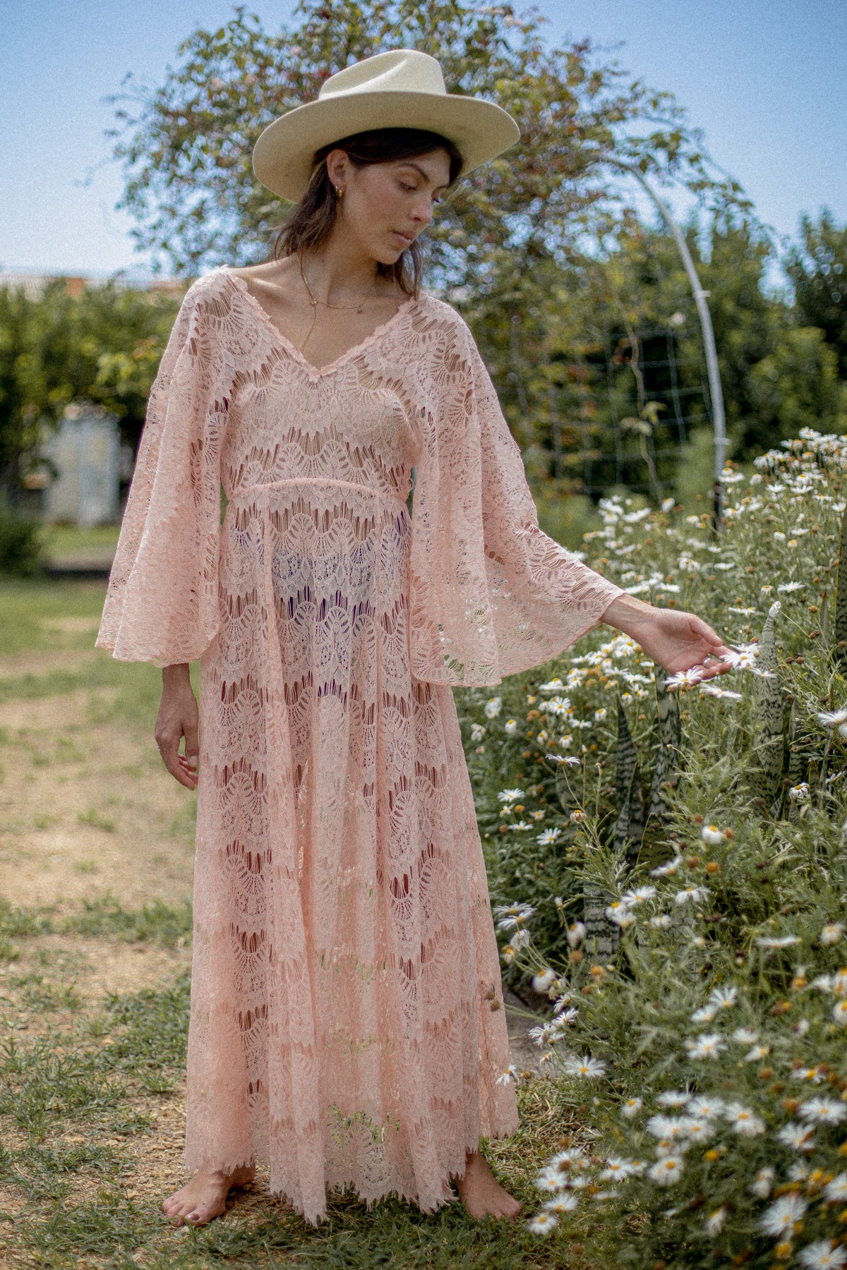 VINTAGE 1970's Reworked Pink Low Back Angel Sleeve Lace Maxi Dress S/M