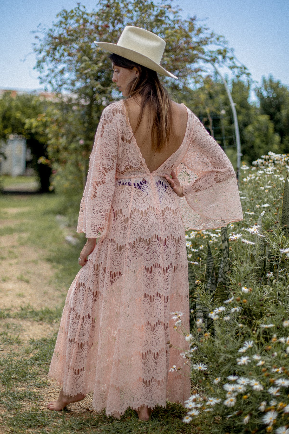 VINTAGE 1970's Reworked Pink Low Back Angel Sleeve Lace Maxi Dress S/M