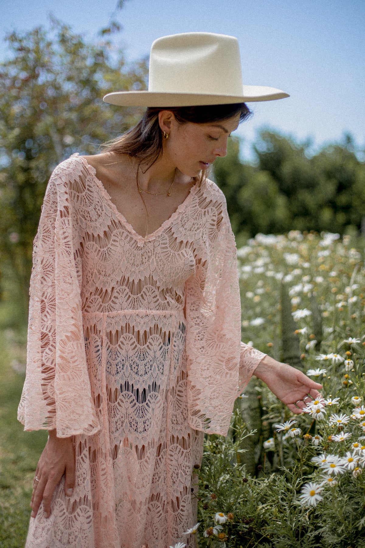 VINTAGE 1970's Reworked Pink Low Back Angel Sleeve Lace Maxi Dress S/M