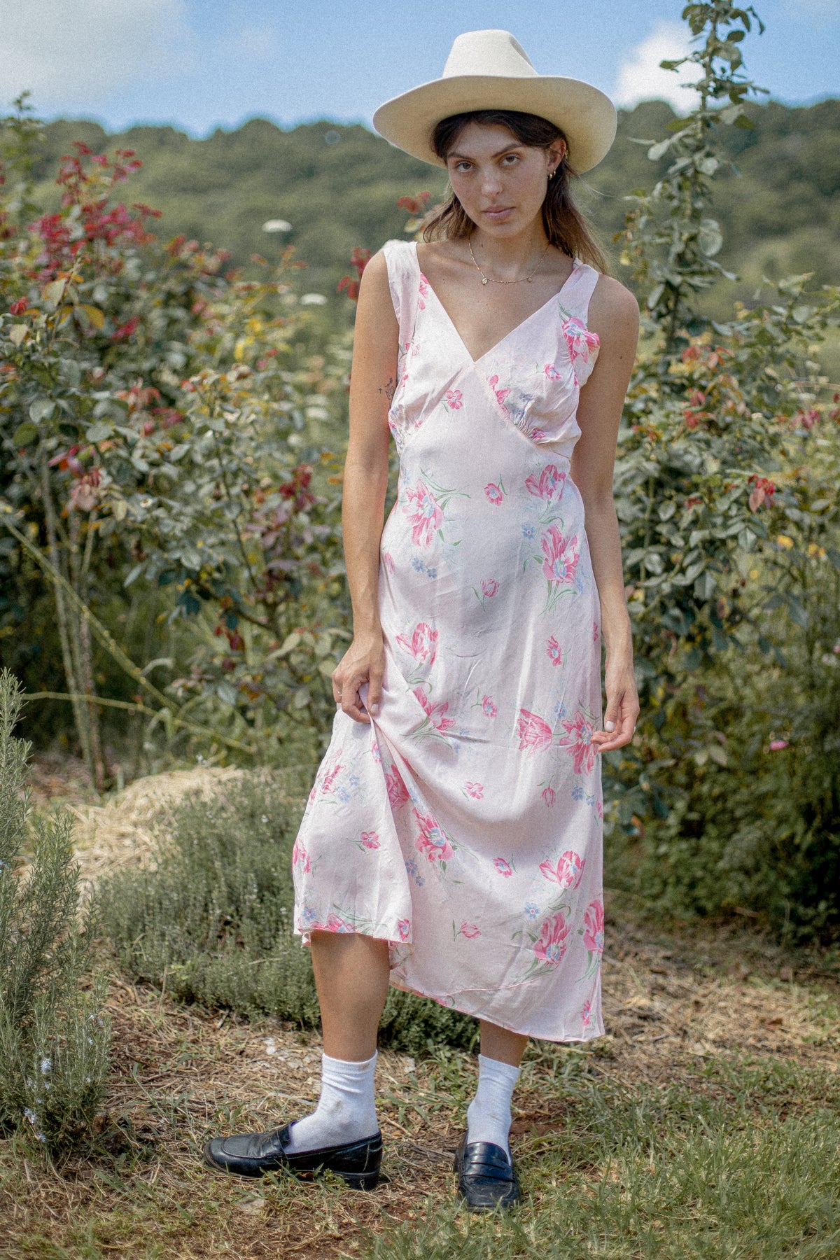 VINTAGE 1930's Pink Floral Bias Cut Nightgown Dress S/M