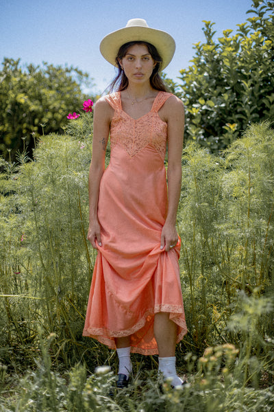 VINTAGE 1930's Light Orange Low Back Lace Yoke Maxi Nightgown Dress S