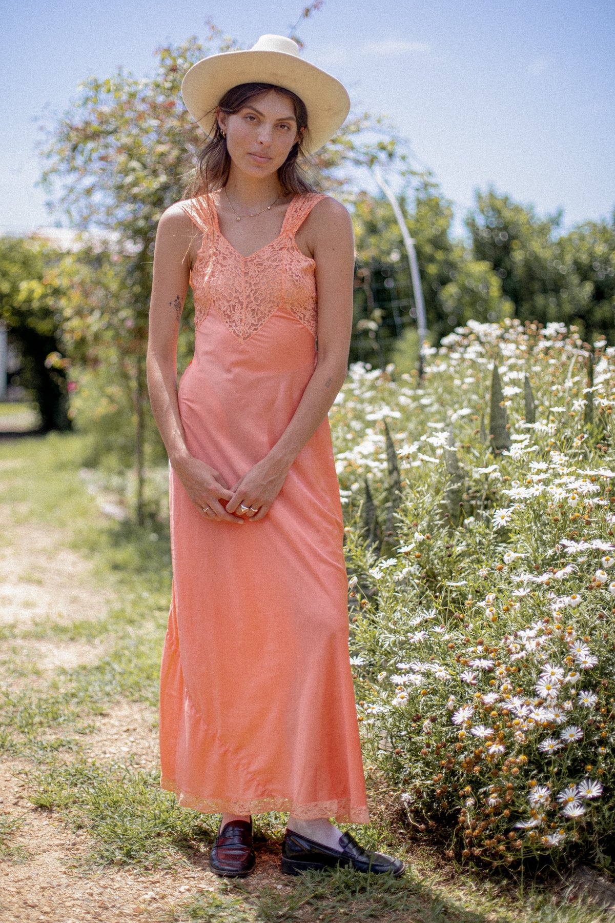 VINTAGE 1930's Light Orange Low Back Lace Yoke Maxi Nightgown Dress S