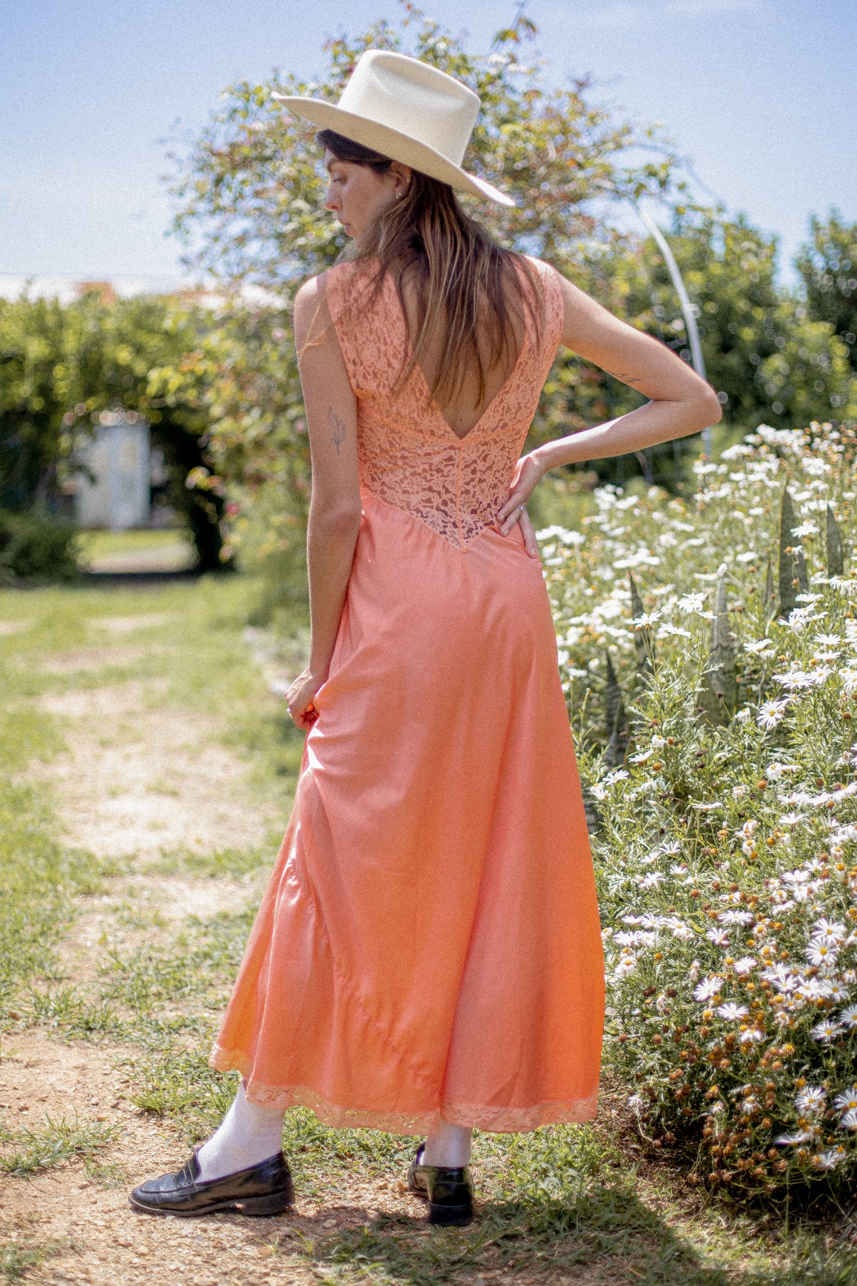 VINTAGE 1930's Light Orange Low Back Lace Yoke Maxi Nightgown Dress S