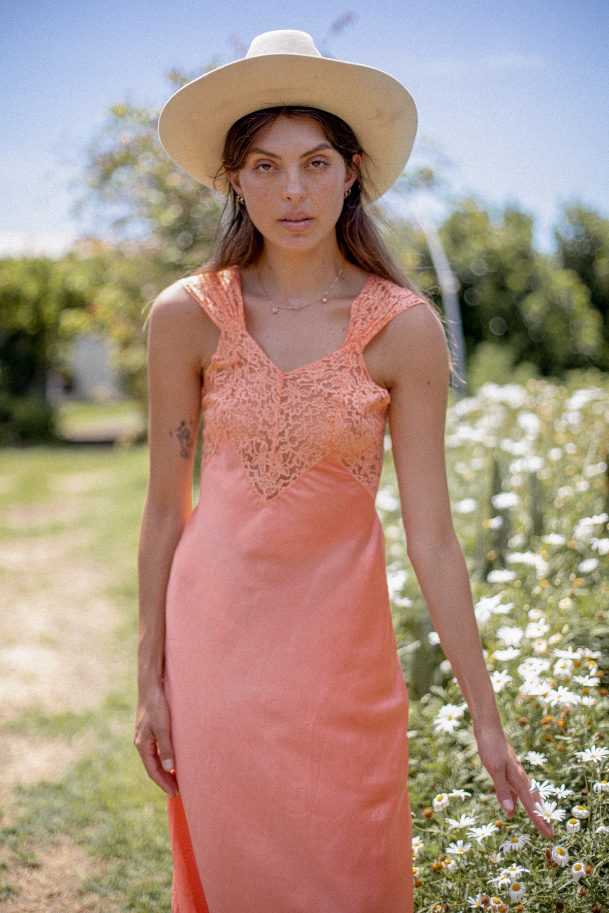 VINTAGE 1930's Light Orange Low Back Lace Yoke Maxi Nightgown Dress S