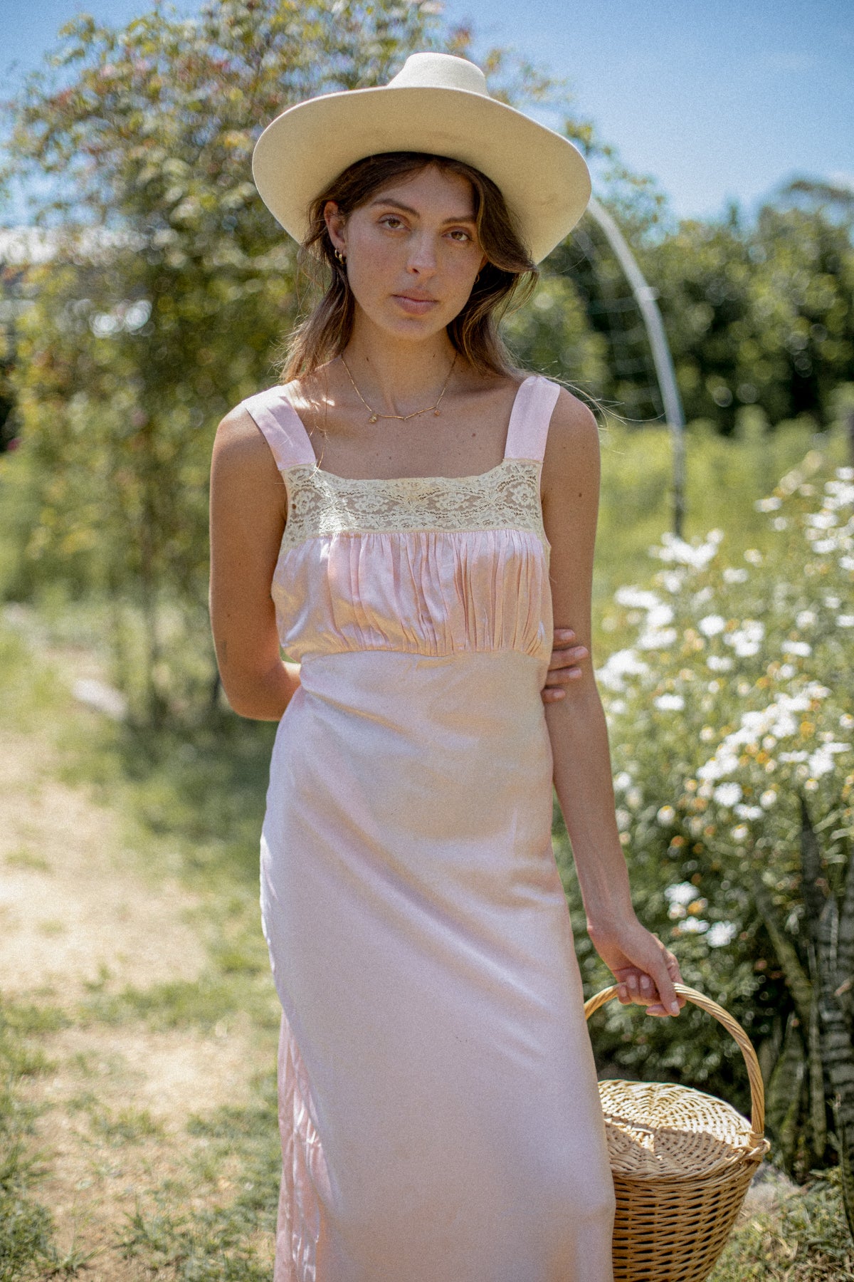 VINTAGE 1930's Pink Satin Lace Trimmed Nightgown Dress S/M