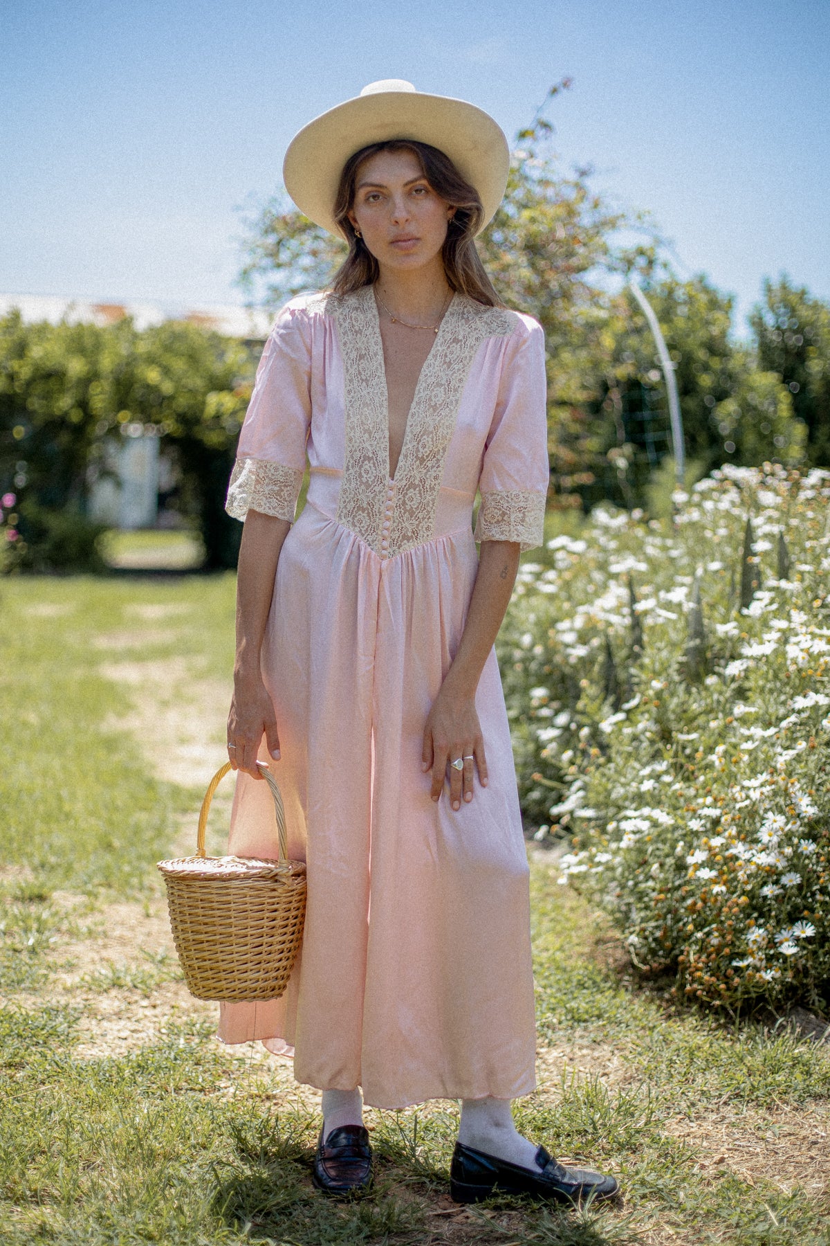 VINTAGE 1930's Pink Lace Trimmed Button Down Satin Peignoir Robe S/M