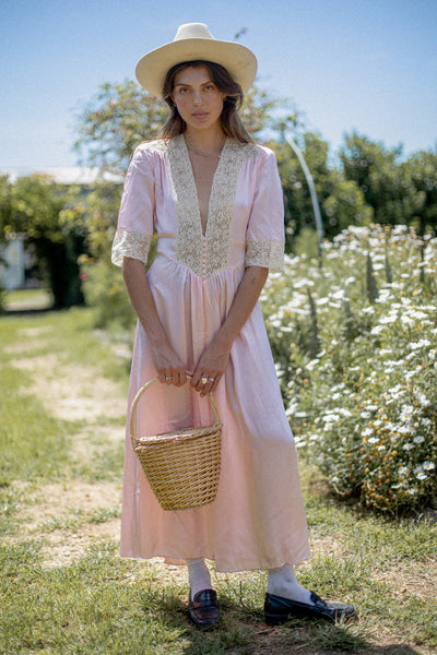 VINTAGE 1930's Pink Lace Trimmed Button Down Satin Peignoir Robe S/M