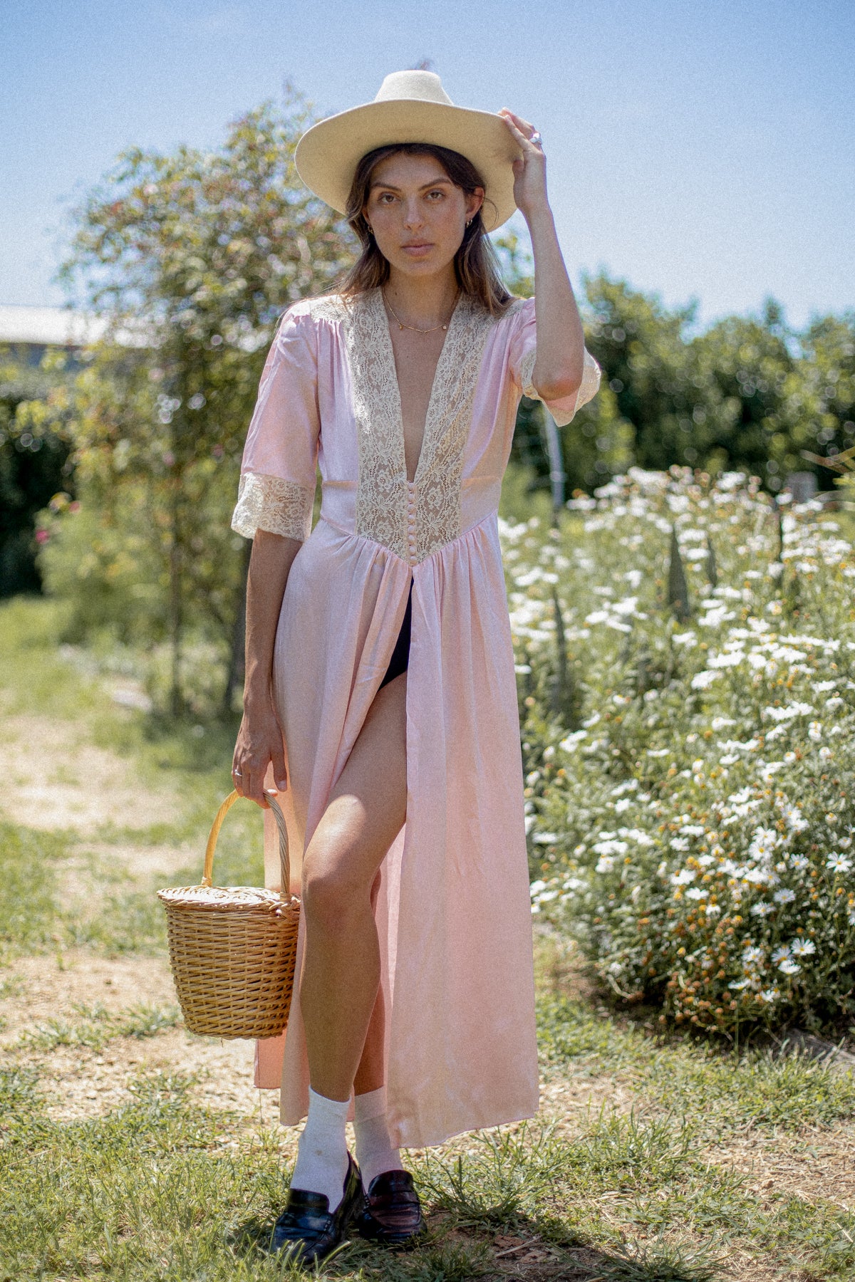 VINTAGE 1930's Pink Lace Trimmed Button Down Satin Peignoir Robe S/M