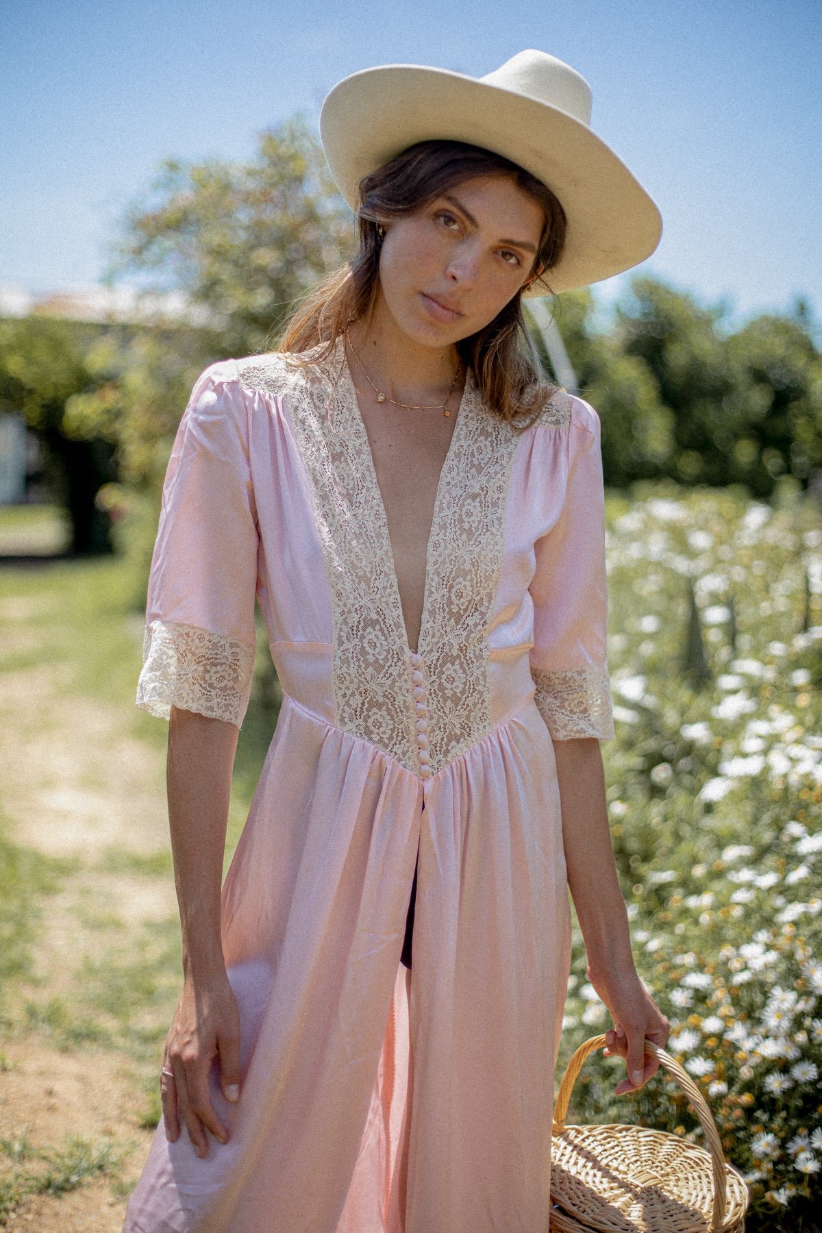 VINTAGE 1930's Pink Lace Trimmed Button Down Satin Peignoir Robe S/M