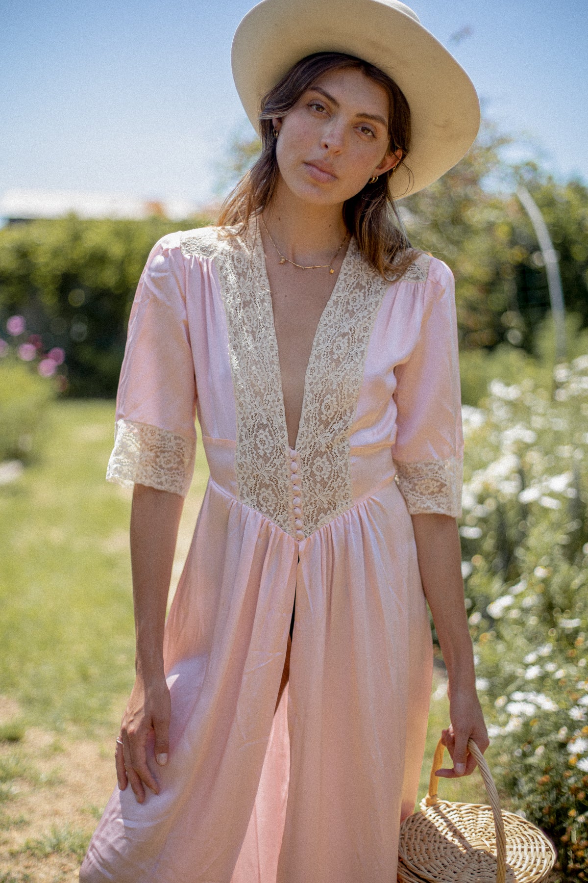 VINTAGE 1930's Pink Lace Trimmed Button Down Satin Peignoir Robe S/M