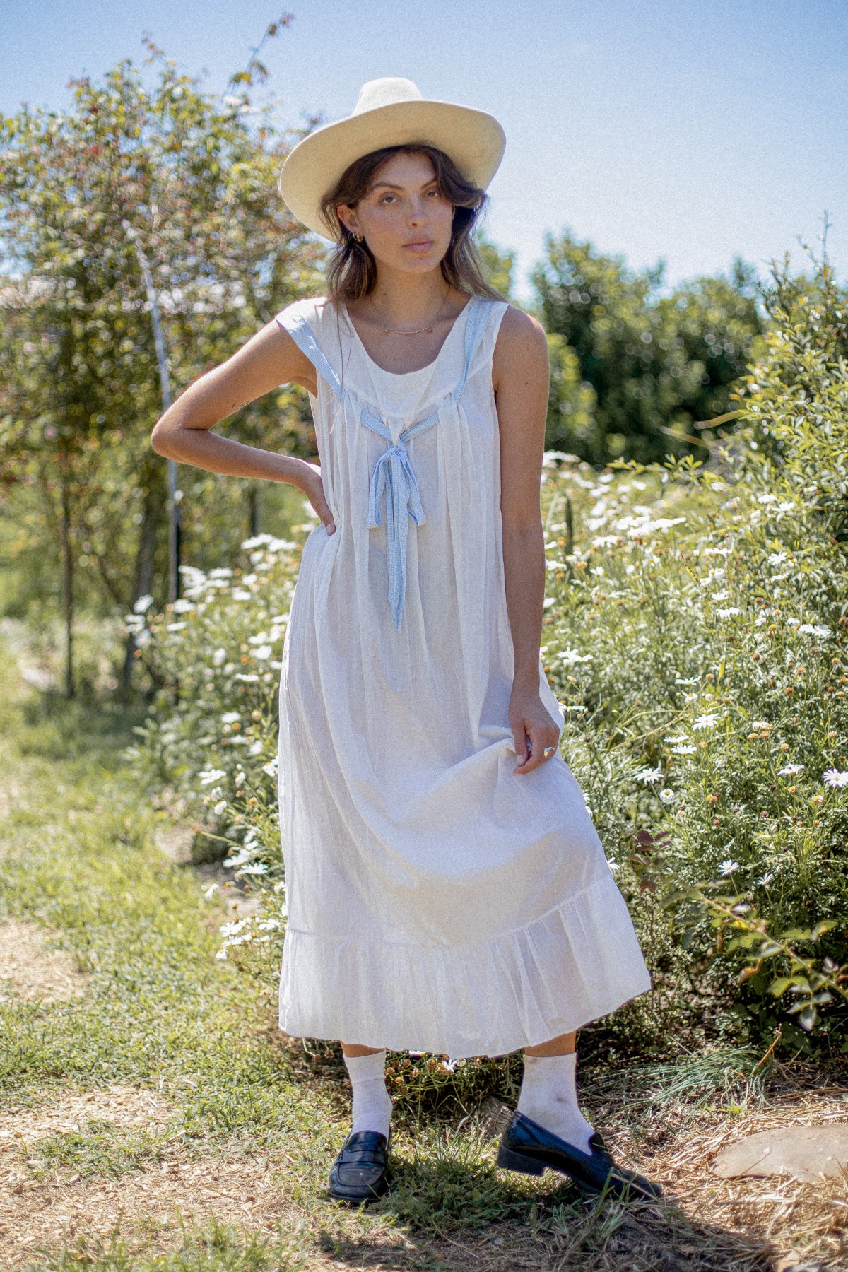 VINTAGE 1900's Edwardian White Cotton Nightgown With Blue Bow Size S/M/L