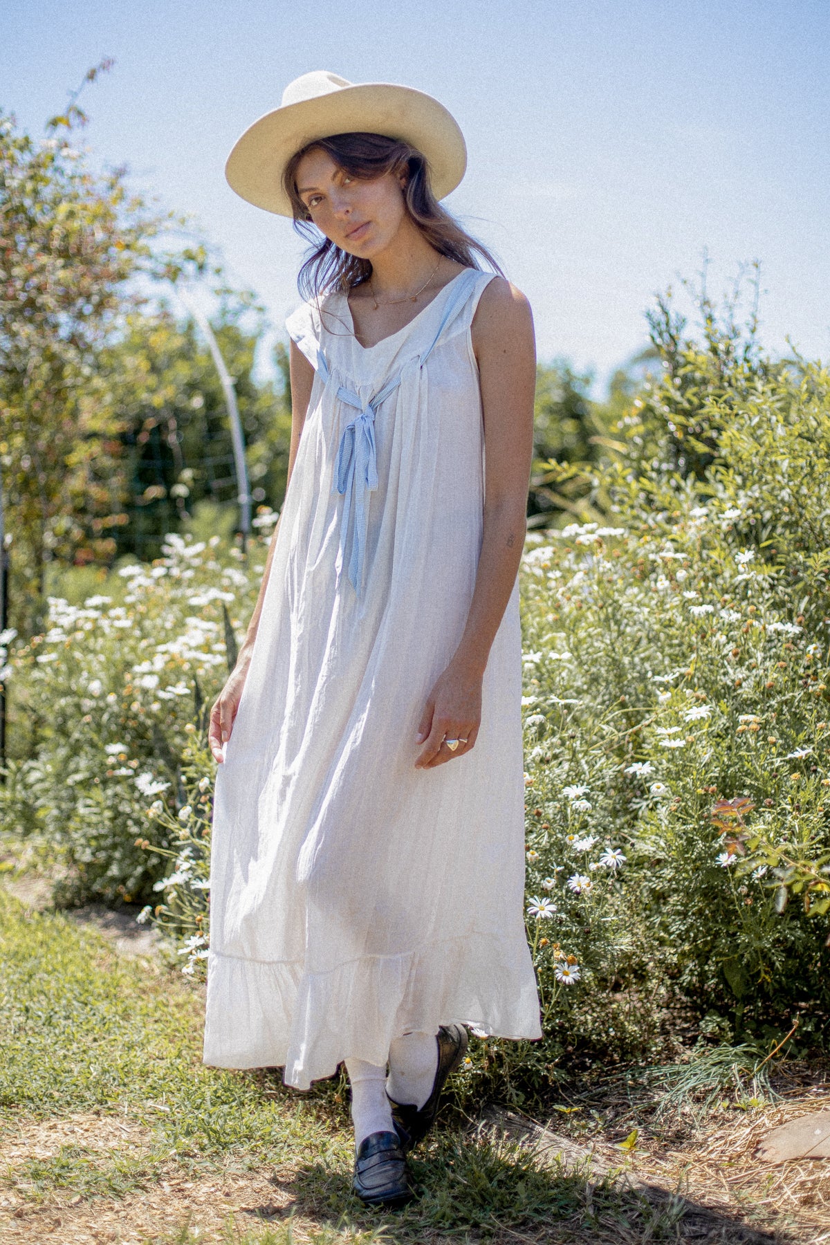 VINTAGE 1900's Edwardian White Cotton Nightgown With Blue Bow Size S/M/L