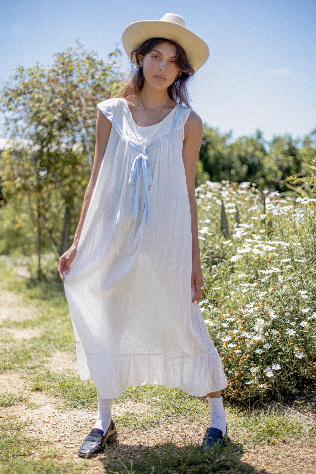 VINTAGE 1900's Edwardian White Cotton Nightgown With Blue Bow Size S/M/L