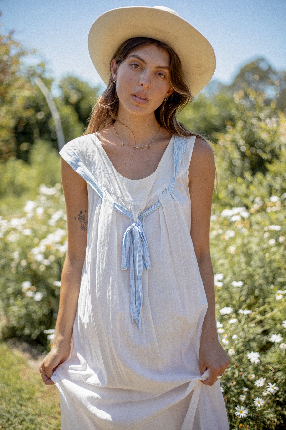 VINTAGE 1900's Edwardian White Cotton Nightgown With Blue Bow Size S/M/L