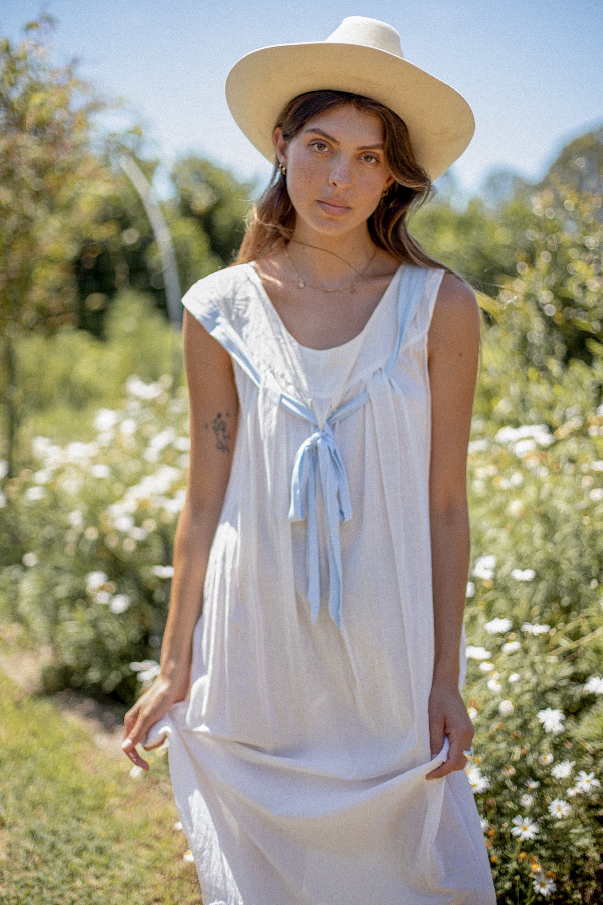 VINTAGE 1900's Edwardian White Cotton Nightgown With Blue Bow Size S/M/L