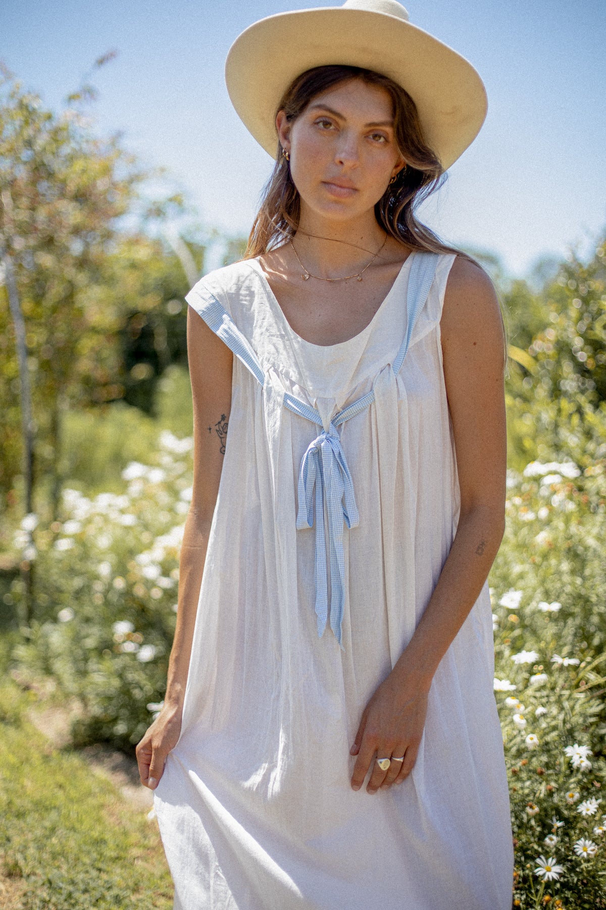 VINTAGE 1900's Edwardian White Cotton Nightgown With Blue Bow Size S/M/L