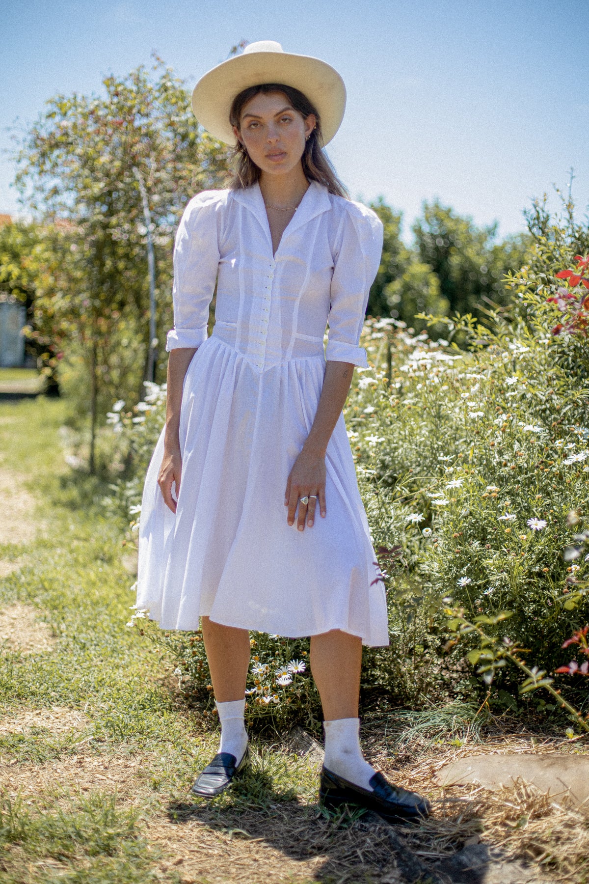 VINTAGE 1950's White Drop Waist Button Down Midi Dress S