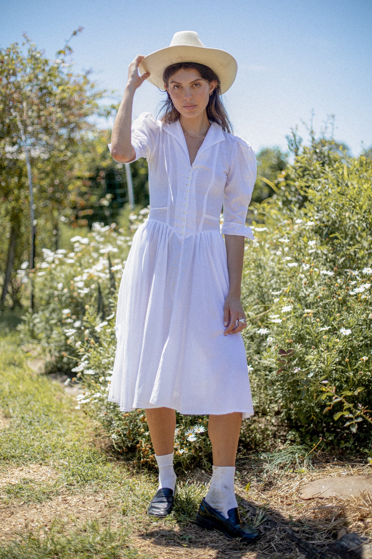 VINTAGE 1950's White Drop Waist Button Down Midi Dress S