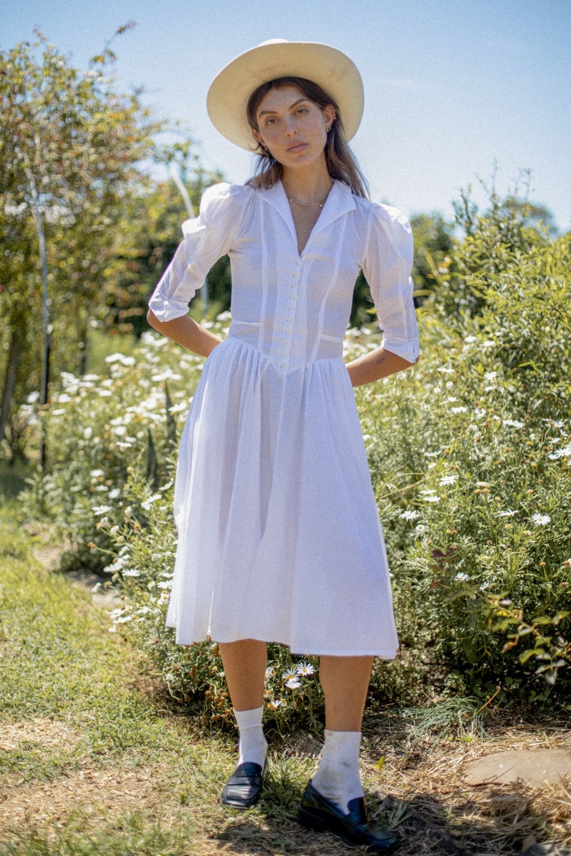 VINTAGE 1950's White Drop Waist Button Down Midi Dress S